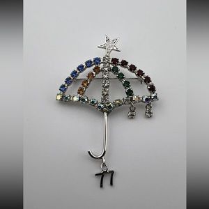 Vintage Rhinestone B David Umbrella Brooch With Dangled Raindrops, Used. Signed.